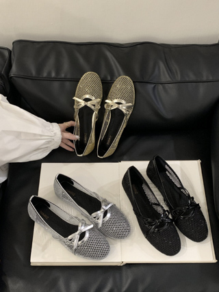リボンメッシュパンプス 　レディースシューズ　韓国ファッション　バレエコア