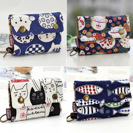 5色 猫柄の財布 小銭入れ 小物入れ ポーチ 小銭入れ コインケース ミニ 猫柄 魚柄 幸運な猫 和柄 猫雑貨