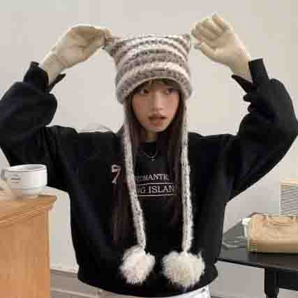 帽子　猫耳ニットキャップ　レディース　韓国ファッション　かわいい  
