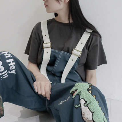 恐竜 刺繍 チェック切替 サロペット レディース メンズ ゆるだぼ ユニセックス 